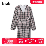 b+ab女装连衣裙冬季时尚气质v领格纹编织流苏W1126I