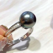 大溪地海水黑珍珠戒指指环，正圆强光黑色，真珍珠送女友礼物