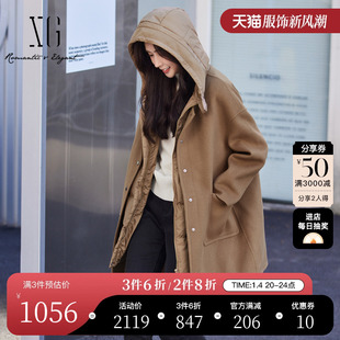 XG雪歌假两件设计中长款风衣2023冬季咖色长袖纯绵羊毛大衣女