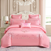 新婚庆(新婚庆)家纺床上四件套，全棉纯棉斜纹，粉色大红色刺绣花陪嫁婚房床品