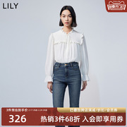 LILY2024春女装温柔花边领时尚系带领通勤宽松垂感长袖白衬衫