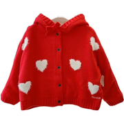 韩国中小童装20女童宝宝红色洋气加绒加厚针织毛衣斗篷外套