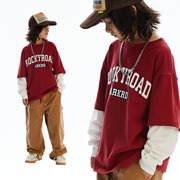 ROCKYROAD童装 美式男童长袖拼接套头T恤痞帅红色假两件棉打底衫
