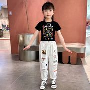 韩系女童卡通T恤破洞牛仔裤套装2023中大童韩系时髦炸街两件