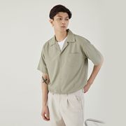 夏季薄款垂感青年衬衫休闲短袖宽松外套港风时尚日系男士纯色衬衣
