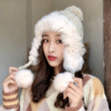 韩版可爱双毛球兔毛雷锋帽子女冬天加绒保暖毛绒皮草帽护耳毛线帽