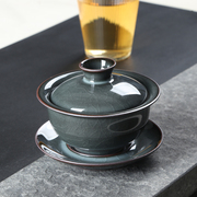 青瓷手工三才盖碗茶杯，大号龙泉功夫茶具铁胎冰裂陶瓷泡茶单个家用
