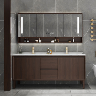 新中式橡木岩板双盆浴室柜组合洗脸洗手面盆柜落地式实木洗漱台盆