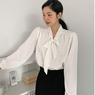 韩国chic早春气质减龄蝴蝶结系带领宽松百搭长袖打底雪纺衬衫