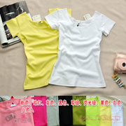 夏季纯色圆领短袖简单t恤黄色，纯棉女式糖果，色全棉打底衫半袖上衣