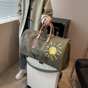 大包女大容量出差旅游军绿色涂鸦旅行包登机行李包手提包印花帆布