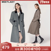 MEETLADY拼接人字纹中长款呢大衣女今年流行高级感冬装长外套
