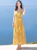 黄色吊带荷叶边连衣裙波西米亚，沙滩裙收腰，艺术高级感裙子雪纺长裙