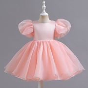 女童晚礼服泡泡短袖短款缎面蓬蓬，后背开叉粉红色，公主裙连衣裙m125