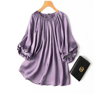 减龄出街！包容性强！优雅灰紫色20姆米真丝珍珠缎花苞袖宽松衬衫
