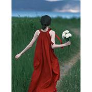 旅游拍照好看的裙子，垂坠感沙滩，绝美露肩红色挂脖连衣裙长裙飘逸