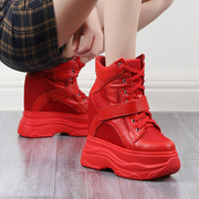 内增高女鞋14cm厚底松糕不累脚，运动鞋透气网面圆头坡跟红色高帮鞋