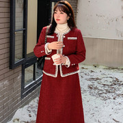 秋冬大码女装红色本命年温，柔风连衣裙撞色粗花呢外套半身裙两件套
