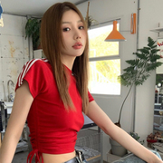 gagaopt韩版紧身显瘦bm红色上衣女，设计感侧抽绳收腰条纹短袖t恤夏