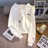 日系白色连帽短款加绒卫衣2024宽松字母设计感小众，学院风上衣