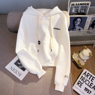 日系白色连帽短款加绒卫衣2024宽松字母设计感小众学院风上衣