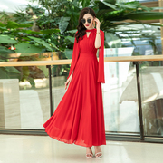 2024夏季红色雪纺长裙v领修身显瘦大摆连衣裙高级感时尚沙滩裙仙