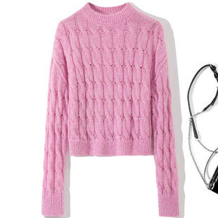 23秋冬女装-粉红色，圆麻花镂空长袖毛衣针织打底衫