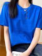 宝石蓝纯棉短袖t恤女2024夏季圆领宽松显瘦体恤克莱因蓝大码上衣