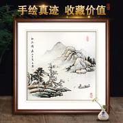 手绘斗方山水画水墨国画办公室挂画客厅沙发正方形壁画玄关装饰画