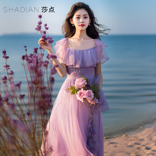 法式浪漫连衣裙紫色玫瑰荷叶边长裙夏季方领气质大摆裙海边