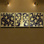 手绘油画东南亚中欧式客厅装饰画壁画金色，菩提树欣欣向荣三拼套画