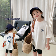 女童半袖前后卡通小熊印花打底衫儿童夏装韩版宽松短袖白色T恤潮
