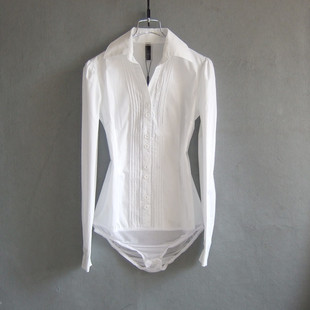 白色百搭衬衫女式长袖连体衬衫韩版修身白领职业OL连体衬衣