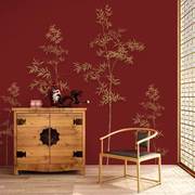 中式墙纸客厅电视背景墙，壁纸古风竹子墙布，日式茶室红黑色简约壁画