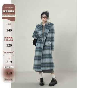 2toyoung条纹舞曲蓝色，格纹毛呢大衣女，冬季中长款呢子上衣外套