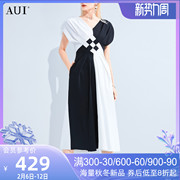 AUI设计感黑白撞色连衣裙女2023夏小众气质V领收腰褶皱中长裙