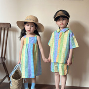 2024兄妹装儿童夏季短袖，男女童装亲子装姐弟装吊带裙纯棉套装