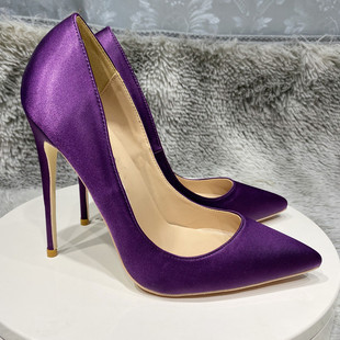 紫色绸缎高跟鞋女春秋性感礼服宴会12cm尖头细跟中跟单鞋10cm