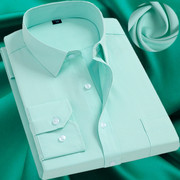 春秋薄款长袖衬衫男青年，商务职业工装修身绿色，斜纹衬衣工作服寸衫