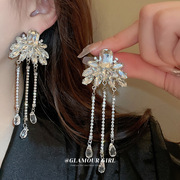 银针镶钻花朵链条流苏耳环，韩国轻奢高级感耳坠小众气质时尚耳