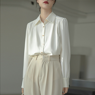 2024春装醋酸女士衬衫长袖上衣职业，设计感加绒加厚通勤白衬衣(白衬衣)