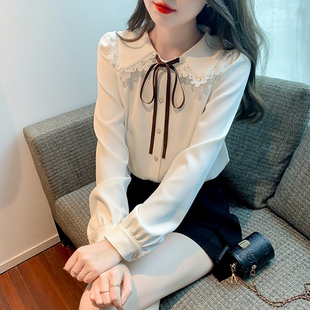 白色娃娃领衬衫，女2024春季法式蕾丝花边系带，衬衣长袖雪纺上衣