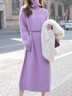 法式高级感超好看紫色毛衣裙冬季2024新小个子女生打底针织连衣裙