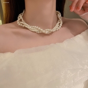 韩版新娘多层珍珠毛衣链长款名媛，赫本同款婚纱，衬衫旗袍项链配饰女