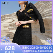 aui黑色名媛气质小香风套装，女2023年秋冬短外套连衣裙两件套