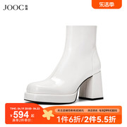 JOOC玖诗粗跟短靴女2024春季白色真皮短筒靴优雅时装靴子6914