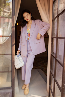 断码西装派对法式小众香芋，紫双排扣宽松西装+高腰直通长裤套装