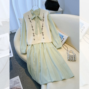 小香风绿色长袖连衣裙，女2024秋季女装小个子气质两件套装裙子