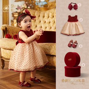 ShiningMoment婴儿连衣裙周岁送礼红色公主裙蓬蓬纱套装生日礼服
