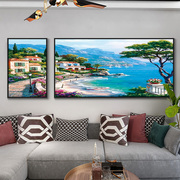 简约地中海客厅装饰画沙发背景墙面，卧室床头挂画两联风景油画壁画